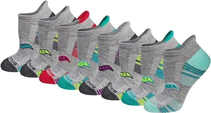 Grey Saucony athletic socks with blue, green, red, and black accents on the toe and heel