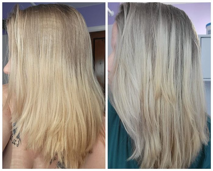 Reviewer’s blonde hair transformation before and after using the product