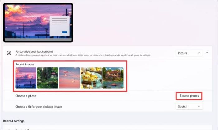 Lựa chọn hình nền từ danh sách Recent images hoặc duyệt thư mục qua Browse photos trên máy tính. 