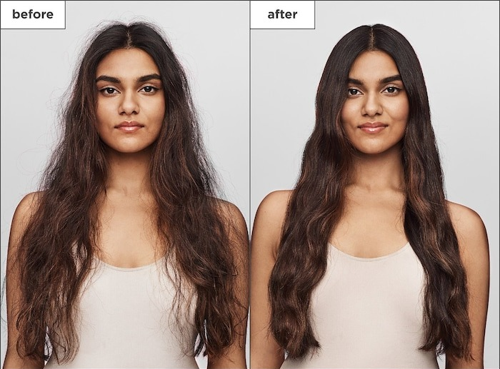Before and after images of a model’s hair, transitioning from frizzy and dry to sleek and frizz-free