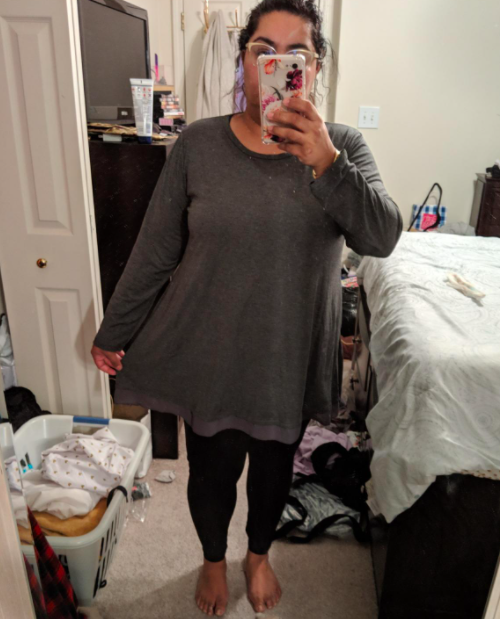 A fashion blogger demonstrates the heather gray iteration's versatility