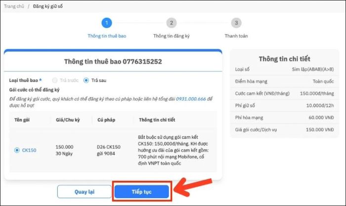 Xác nhận thông tin thuê bao và nhấn Tiếp tục