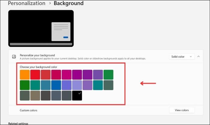 Sử dụng chế độ Solid color để thay đổi hình nền máy tính Windows 11