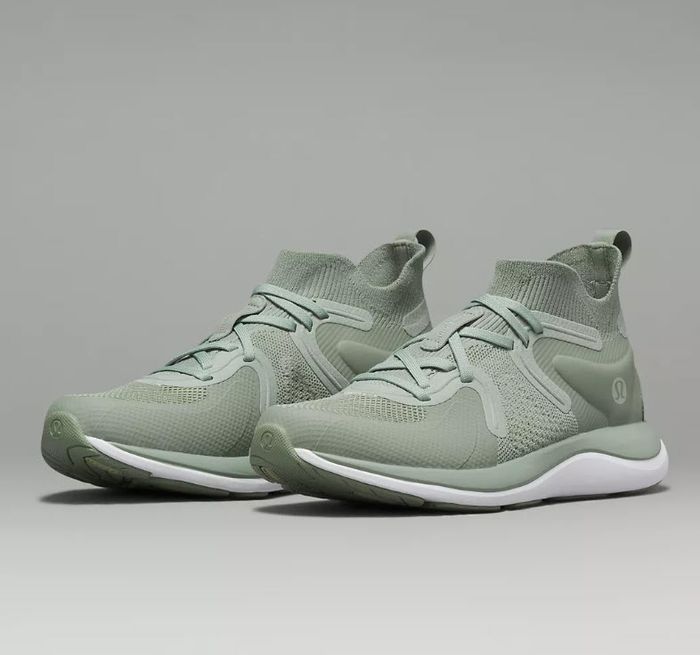 A pair of green tennis shoes.