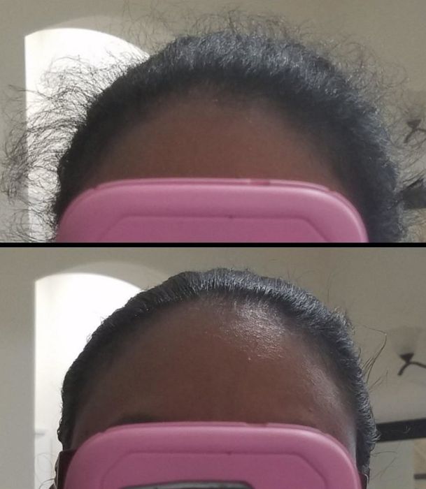 A comparison photo showing a reviewer's hair transformation using the stick. Initially, their hair appears frizzy and unruly, but after application, it becomes sleek with minimal flyaways.