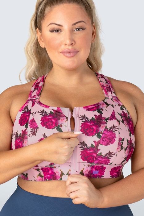 Model showcasing the pink floral bra