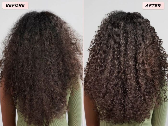 Side-by-side images showcasing a hair transformation from frizzy to smooth, hydrated curls. Caption: "5 Minutes to Soft, Hydrated Hair."
