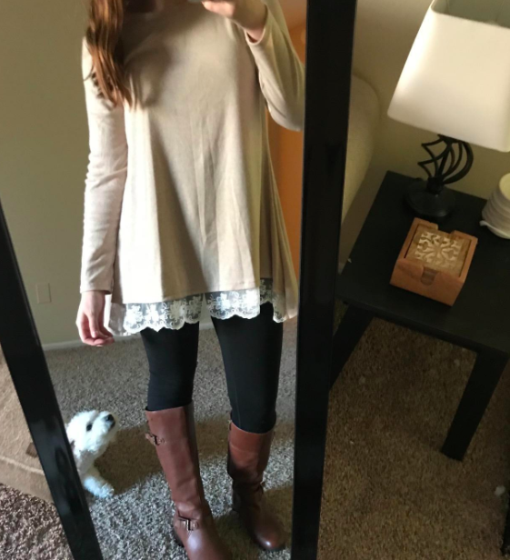 The sand-colored blouse demonstrated in a versatile look