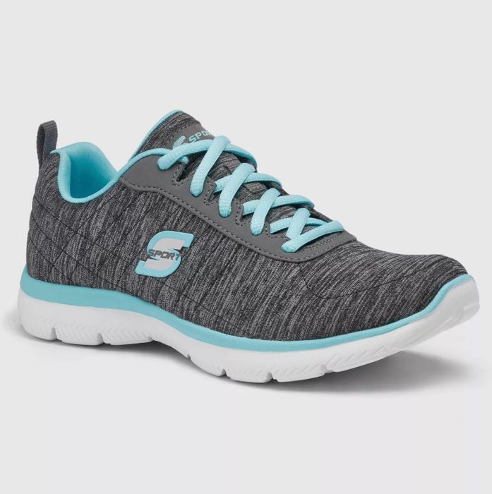 The sneakers in blue, gray, and white colorway