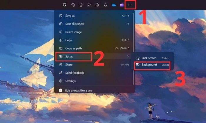 Nhấn vào tùy chọn Set as và chọn Background để cập nhật hình nền mới.