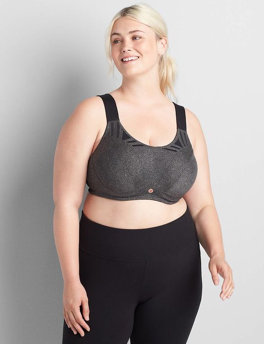 Model wearing the gray bra, front view