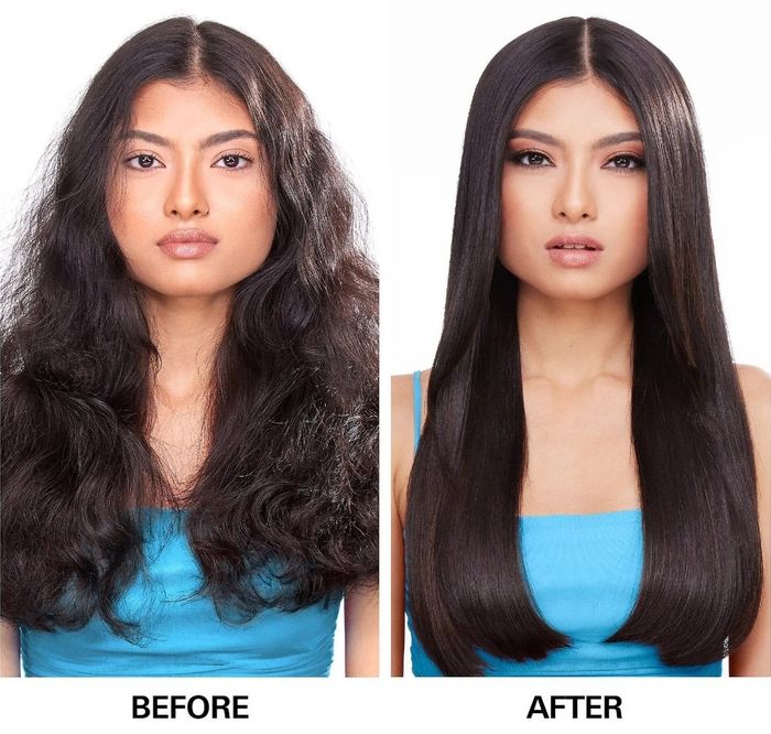 Hair transformation: frizzy, unmanageable hair on the left, smooth and straight hair on the right