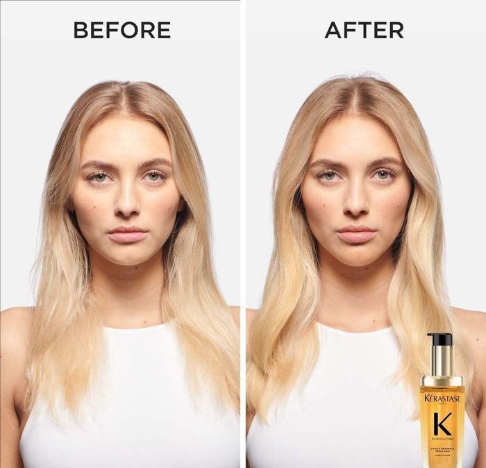 A before-and-after comparison of a woman’s hair using Kérastase Elixir Ultime, showcasing a dramatic transformation to smoother, shinier locks.