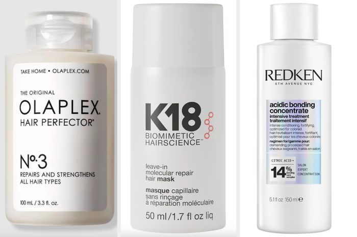A collection of three hair care products: Olaplex Hair Perfector, K18 Biomimetic Hairscience mask, and the Redken Acidic Bonding Concentrate