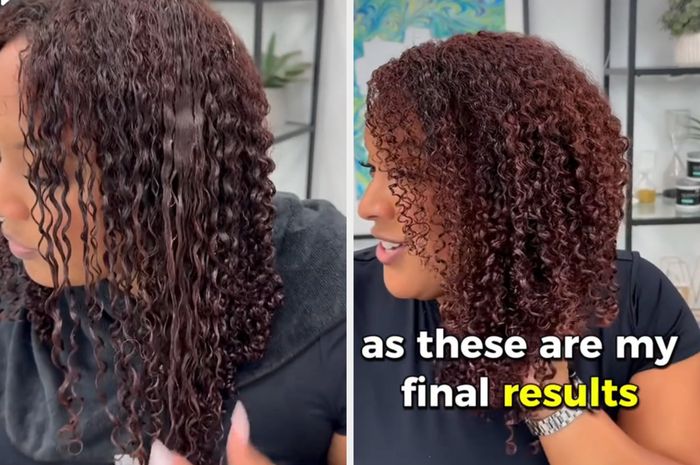 A woman showcases her curly hair transformation using the gel, with a text overlay that says,