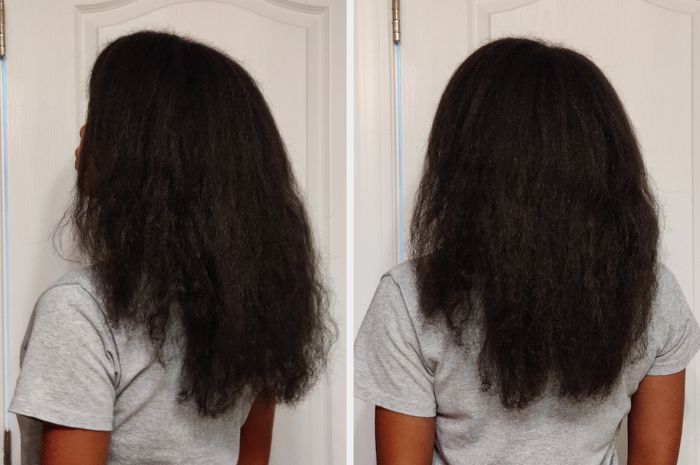 Back view of someone with blown-out natural hair before applying the treatment