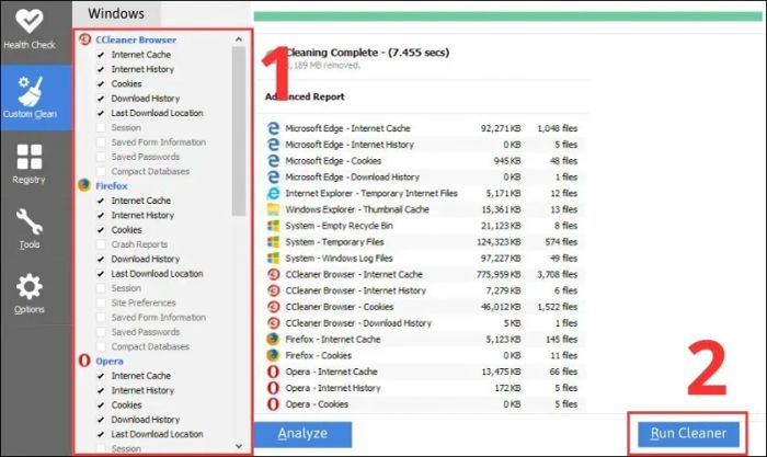 Tích chọn các tệp cần xóa trong mục Windows và nhấn Run Cleaner để hoàn thành quá trình dọn dẹp.