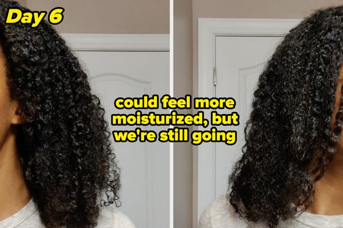 Side-by-side comparison of a person's curly hair before and after applying hair product.