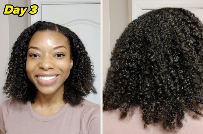 A person smiling with curly hair, side-by-side with a close-up of hair texture.