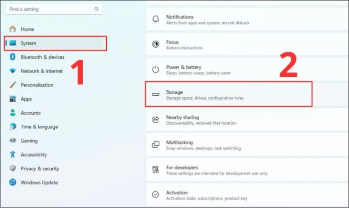Nhấp vào mục System và chọn Storage