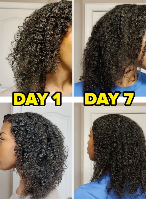 Four close-up shots of a person's curly hair to demonstrate the results of using a haircare product.