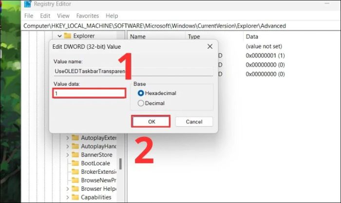 Thay đổi giá trị value data từ 0 thành 1 và nhấn OK