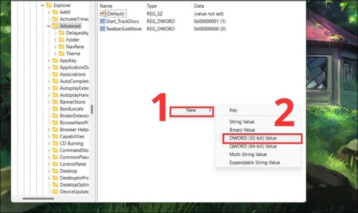 Nhấn chọn New và sau đó chọn DWORD (32-bit) Value