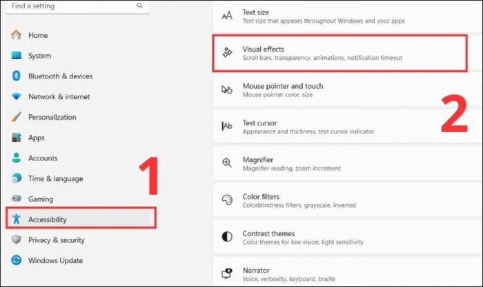 Để làm trong suốt thanh Taskbar trên Win 11, bạn chọn Accessibility và nhấn vào Visual effects