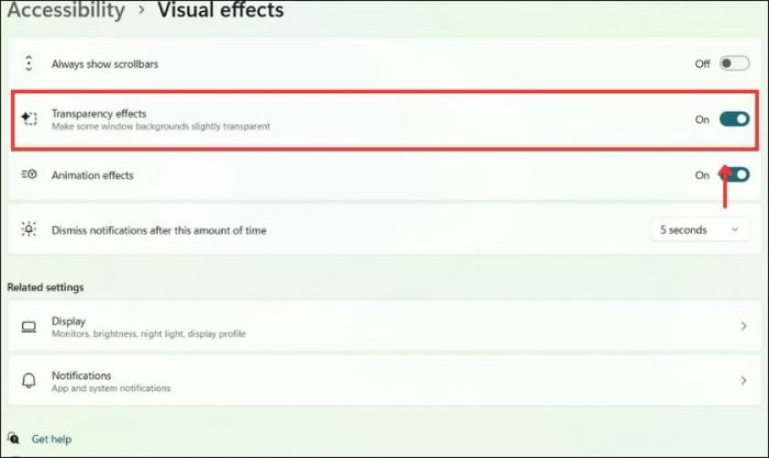 Bật công tắc On tại mục Transparency effects để thay đổi giao diện thanh Taskbar