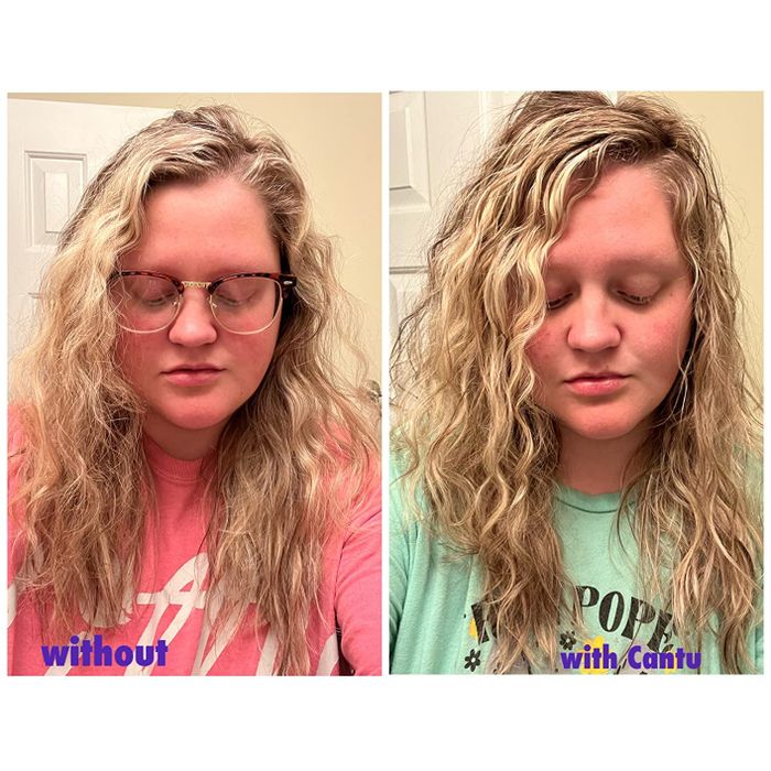 another reviewer’s before photo with fine, frizzy hair and after using the product, looking smoother and less frizzy