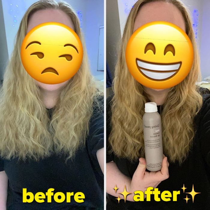 A reviewer's before photo showing frizzy hair after sleeping with braids, followed by an after photo displaying smoother, more defined hair after using the spray.