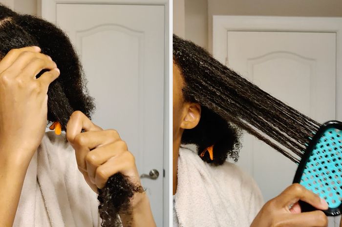 A person detangling their hair before and after using a hairbrush.