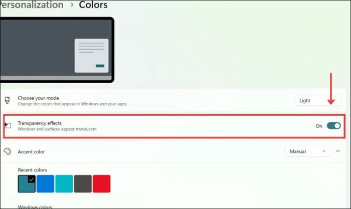 Làm trong suốt thanh Taskbar trên Win 11 bằng cách chuyển công tắc Transparency effects từ Off sang On