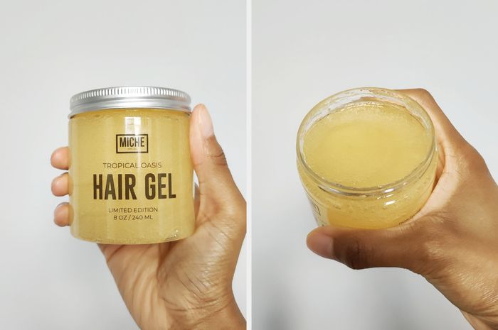 A hand holding the Miche Tropical Oasis Hair Gel, with one photo showing the vibrant gel inside the jar, which is open.