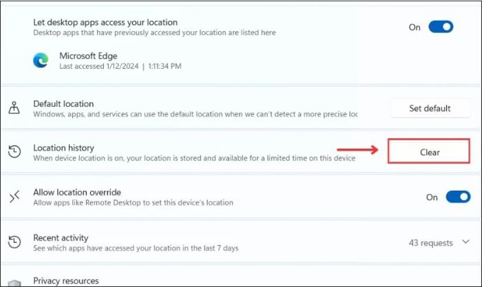 Nhấp chuột vào Clear bên cạnh mục Location History để xóa dữ liệu