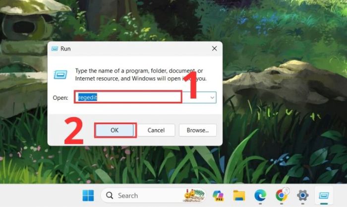Nhập regedit vào ô trống và bấm OK trong hộp thoại Run