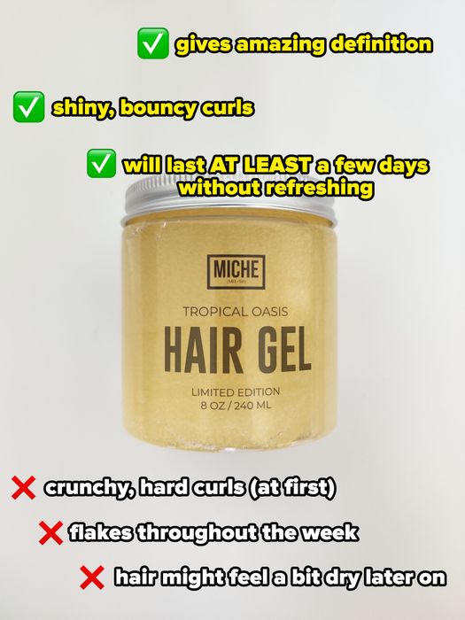 A jar of Miche Tropical Oasis Hair Gel with a list of pros: provides excellent definition, leaves curls shiny and bouncy, and lasts for several days without needing a refresh; cons: curls may feel crunchy at first, and it might flake as the week progresses.