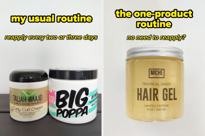 Two hair styling products: one for defining curls and the other labeled as a hair gel.