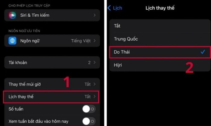 Vào mục Lịch thay thế và chọn Do Thái