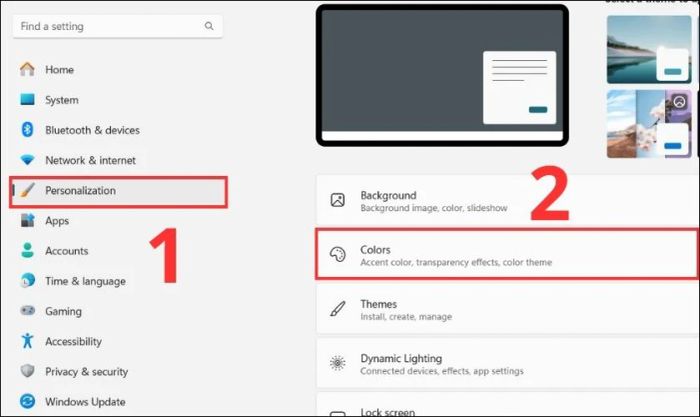 Tiếp theo, chọn Personalization và nhấn vào mục Colors