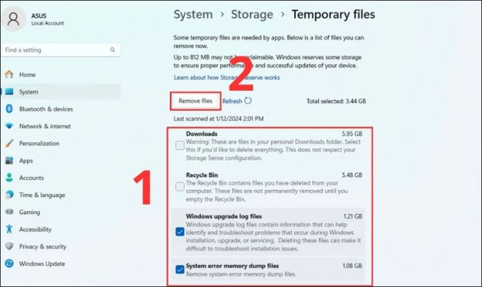 Đánh dấu vào các dữ liệu tạm thời cần xóa và nhấn chọn Remove files