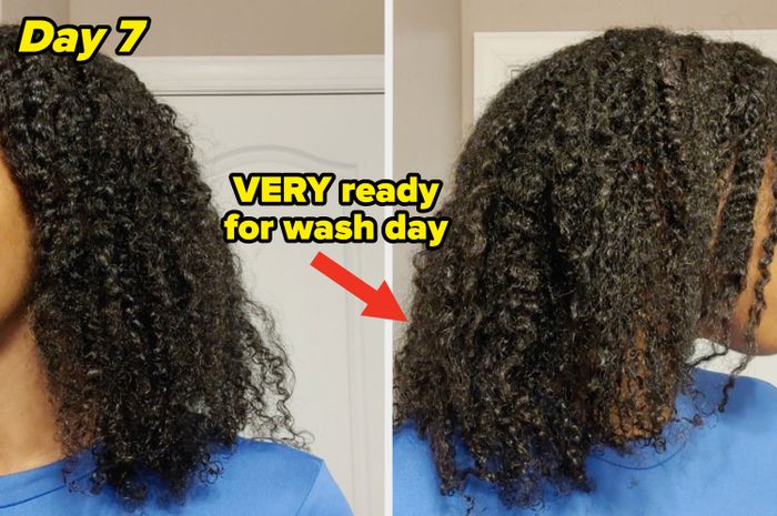 A person with shoulder-length curly hair shown before and after applying a hair product.