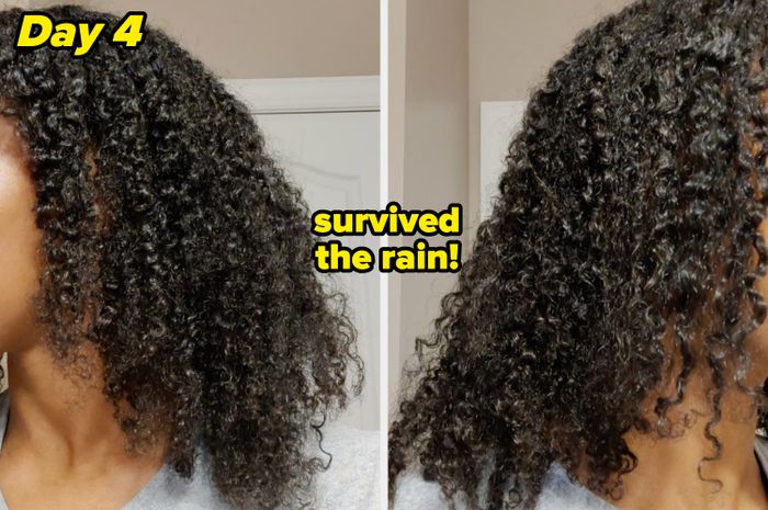 Side-by-side comparison of a person’s curly hair before and after a curl-enhancing treatment.
