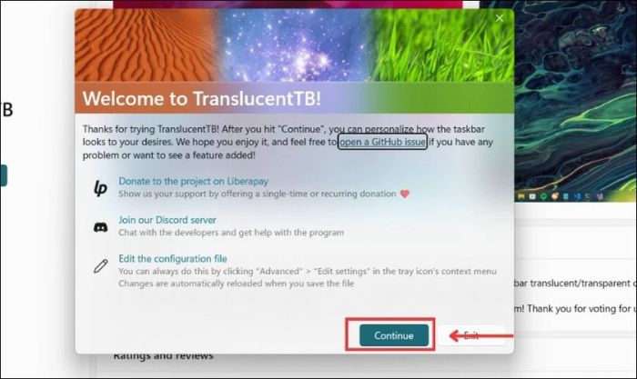 Nhấn chọn Continue để khởi chạy ứng dụng TranslucentTB