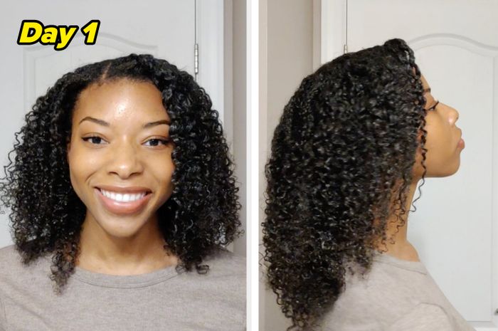 Showing off my curls on day one, both front and side views; they were defined and bouncy.
