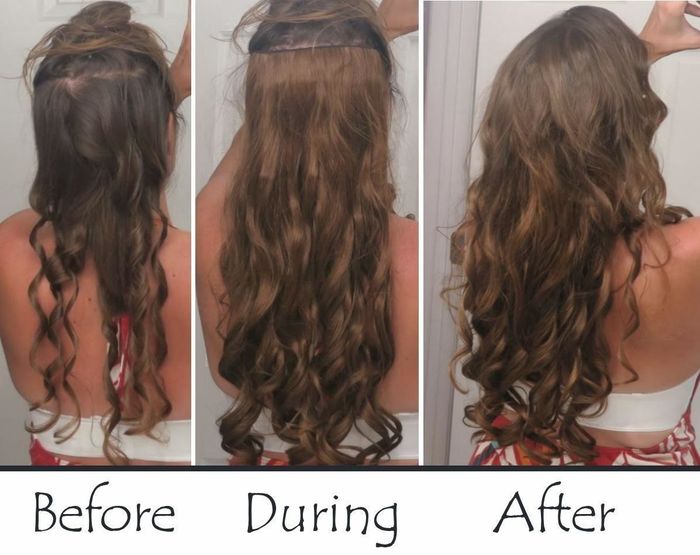 a reviewer photo showing their hair before adding the extension, during the process, and the final result