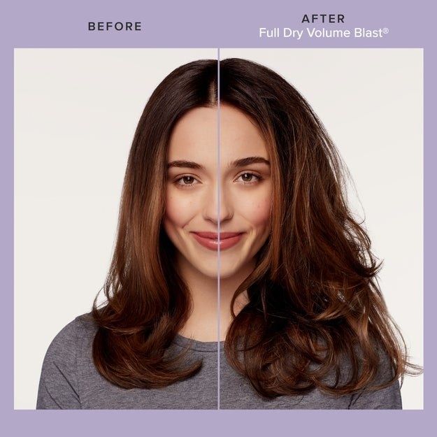 A brunette demonstrates the before-and-after effects of using Living Proof Dry Volume Blast, with noticeably more volume in their hair after application.