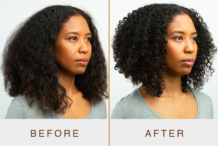The before image shows a model with flat, frizzy curls, while the after photo reveals how the products enhanced curl definition and reduced frizz.