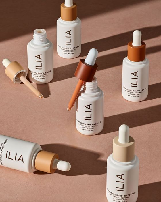 ILIA Beauty skin serum bottles equipped with droppers for easy application.