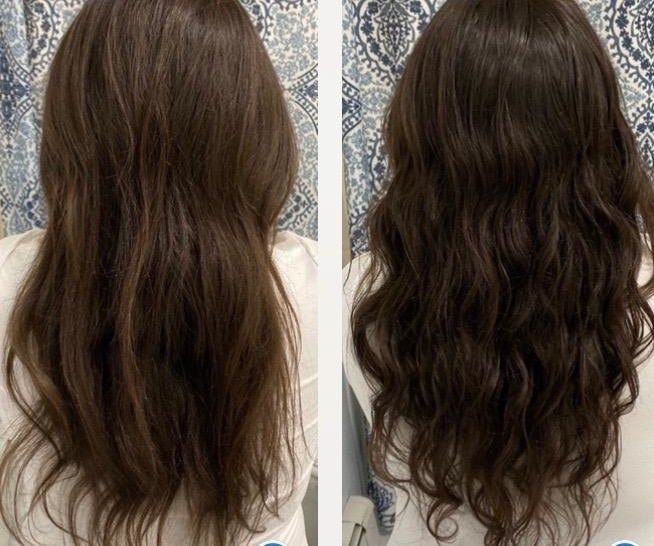 A reviewer's hair with subtle highlights next to an after photo showing their hair looking a deeper, darker brown.